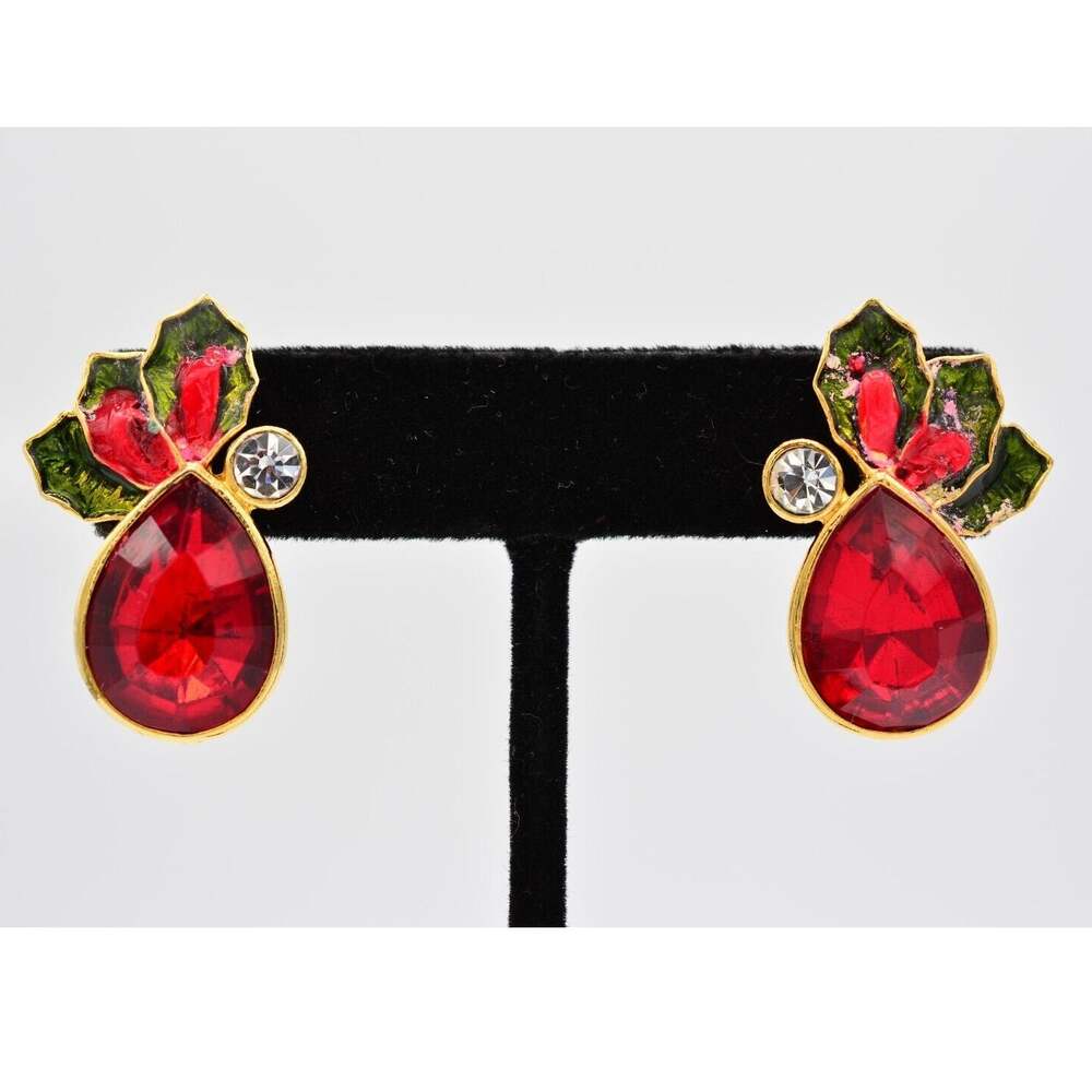 Avon Vintage Christmas Earrings Red Crystal Rhinestone Gold Enamel Holiday BinAI